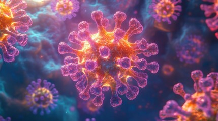 Psychedelic fractal-like animation depicting the replication cycle of the influenza virus, in a kaleidoscope of vibrant colors