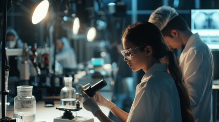 Focused scientist examines samples under bright lab lights, showcasing dedication and precision in a high-tech research environment bustling with activity.