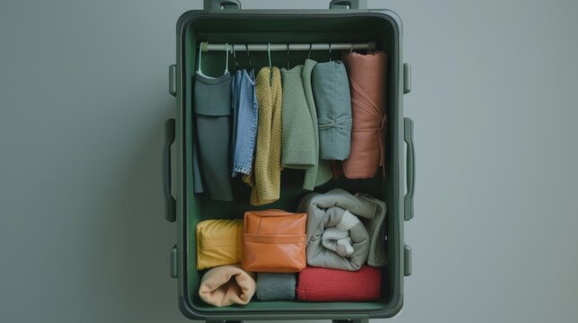 Colorful clothes neatly folded in a green suitcase, showcasing efficient packing and organization for travel.