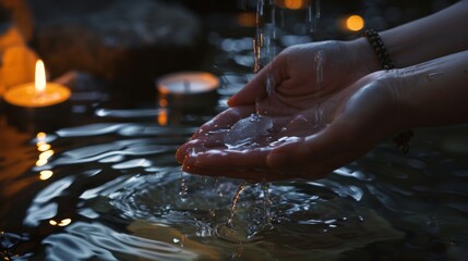 Fototapeta premium Hands cradle a stream of water with floating candles, creating a serene, mystical atmosphere in a candlelit sanctuary.