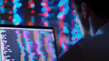 A man engrossed in coding at a computer, surrounded by vibrant virtual data streams in red and blue, suggesting a futuristic workspace.