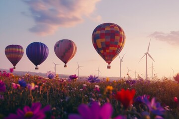 Fototapeta premium Colorful hot air balloons float above a vibrant flower field during sunset. Wind turbines spin gently in the background. A perfect blend of nature and adventure. Generative AI