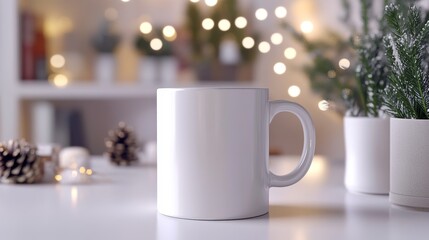 White ceramic tea mug with Christmas decoration and copy space for your design. Mockup for xmas promotional content. ai generated