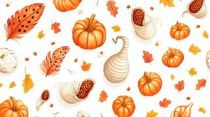 A pattern of pumpkins and leaves with a pumpkin with a stem