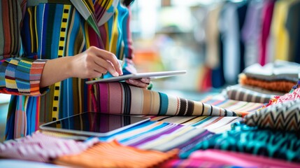 A fashion designer inspects vibrant patterned fabrics using a tablet amidst a dynamic studio, highlighting creativity and modern textile design.