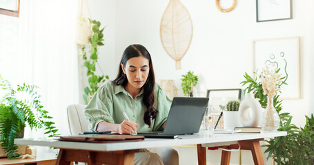 Writing, notes and woman in home office with laptop, info and checking email for project ideas....