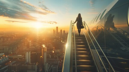 A woman in silhouette ascends a glass staircase overlooking a stunning city skyline at sunset, inspiring dreams and ambition.