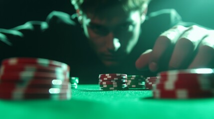 Naklejka premium Confident Player Making Bold Move at Blackjack Table - Cinematic Shot of High-Stakes Gambling