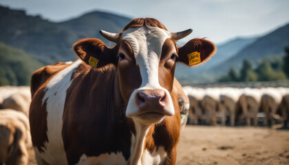 A curious brown and white cow stands prominently in a pasture, with grazing herd and mountains visible in the background during the afternoon