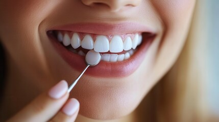 Fototapeta premium A woman with a joyful expression sits in a modern dental clinic, showing her bright teeth while a dental professional examines her smile using a dental mirror.