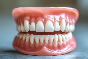 Obraz premium The image showcases a pair of realistic dental prosthetics, featuring a full set of upper and lower teeth. The prosthetics are positioned on a plain surface, highlighting their lifelike appearance in 