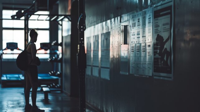 In a dimly lit gym, a determined figure studies a wall of workout schedules, enveloped in a focused and motivating atmosphere.