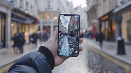 A person in a bustling city street explores digitally enhanced navigation with a smartphone, merging real and virtual worlds.