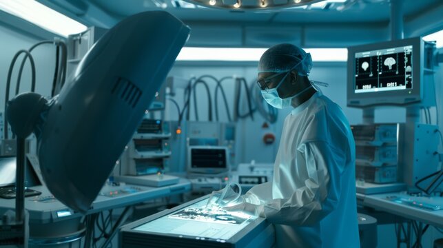 A futuristic operating room where a focused surgeon, illuminated by sterile blue light, deftly manipulates advanced technology while monitoring patient data.