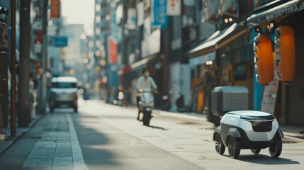 Obraz premium Autonomous delivery robot steadily traverses a vibrant street, embodying the intersection of technology and city living.