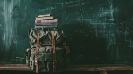A rustic classroom scene showcases a stack of books resting on a vintage backpack against a chalkboard filled with equations and scribbles.