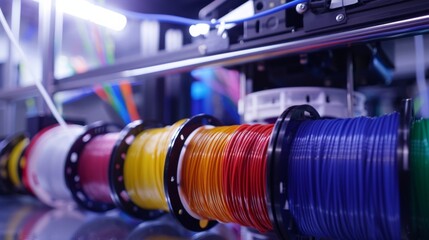 Obraz premium Filament spools for 3D printing, lined up in rich colors, highlight modern manufacturing in a high-tech setting with a focus on precision.