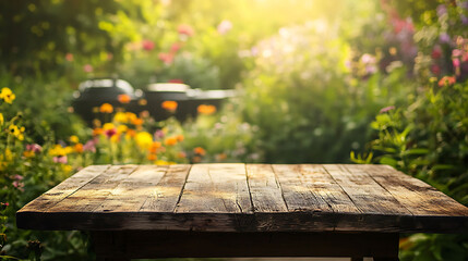 Fototapeta premium Empty wooden table top with blurry background of a flower garden.