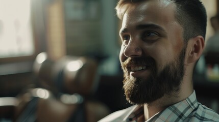 Obraz premium Smiling softly, a bearded gentleman sits under gentle lighting, evoking a sense of ease and contentment.