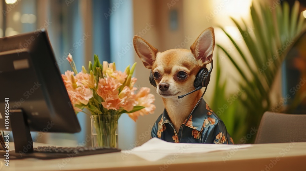 Poster a chihuahua wearing a floral shirt and headset sits attentively at a reception desk, typing on a com