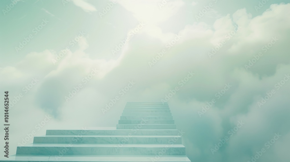 Wall mural stairway to the skies amidst billowing clouds, illuminated by ethereal light, creating a celestial a