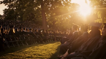 Graduates sit in rows during a sunset ceremony, caps and gowns aglow under the golden light filtering through trees.