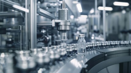 An orderly assembly line hums with precision as bottles advance for filling, showcasing cutting-edge pharmaceutical production.