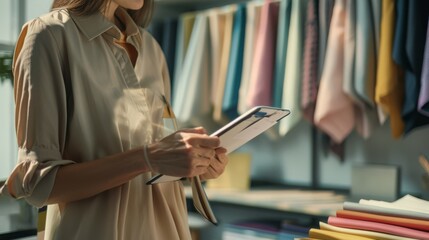 A fashion designer evaluates fabric samples, examining a tablet amidst a colorful array of textiles in a well-lit studio.