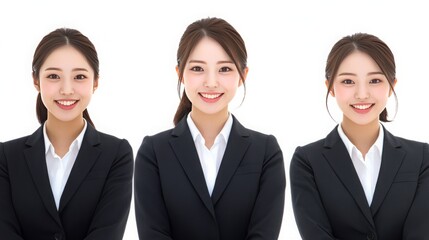 A stunning image featuring young and beautiful Japanese women in elegant suits against a pristine white background, designed for easy cropping. Captured from a below-waist camera angle