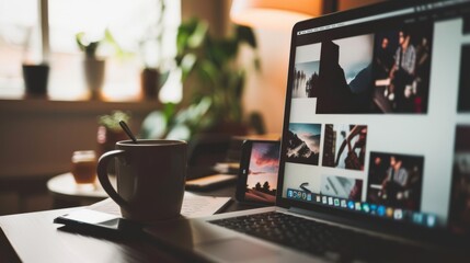 A laptop displaying a gallery of vibrant photos, next to a mug on a wooden desk; a testament to creativity and modern digital workflows.