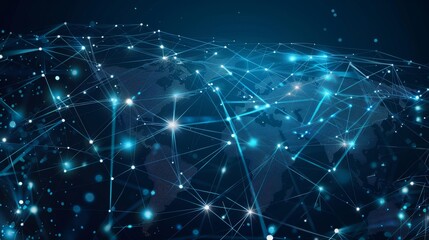 Obraz premium Abstract digital world map with glowing lines and nodes representing global network connections and data exchange.