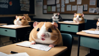 Hamsters attending a classroom lesson, focused on their assignments during the early morning in a lively educational setting