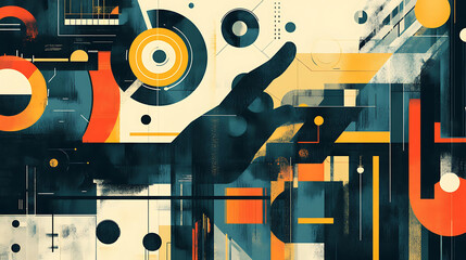 Abstract geometric design with a hand pointing to the right, featuring a mix of circles, squares, lines, and other shapes in orange, blue, yellow, and black.