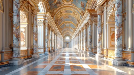 Breathtaking view of a grandiose palace hallway featuring ornate columns intricate arched entryways and a stunning marble floor  The opulent and lavish design showcases the architectural masterpiece