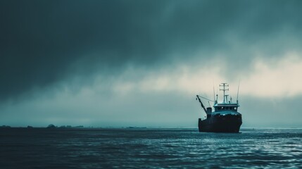 Fototapeta premium Under brooding skies, a lone ship sails the moody sea, embodying solitude and the spirit of voyage into the unknown.