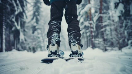 A snowboarder glides over pristine snow, surrounded by towering trees, capturing the thrill and solitude of winter sports.