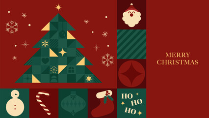 Christmas background with geometric patterns. Christmas tree, candy, snow, Santa. Christmas icons.