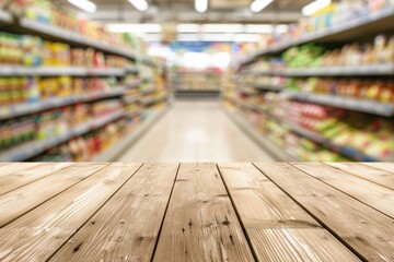 Fototapeta premium Wooden table in front of blurred supermarket aisle. Product display mockup with copy space.