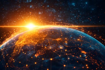 A sleek image of glowing data streams surrounding the worldwide