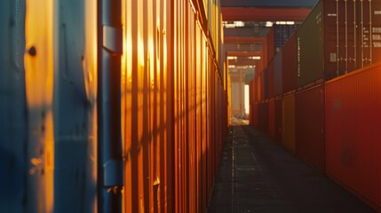 A narrow passage of cargo containers illuminated by a golden sunset; the long shadows add depth to the vibrant scene of industry and transport.