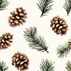 Minimalist watercolor pine branches and pinecones, soft green and brown tones, seamless pattern, airy design, Christmas tile 