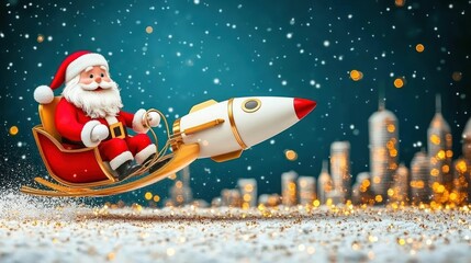 Santa Rocket Sleigh Adventure, festive sky, cityscape glowing, whimsical holiday scene, snowflakes gently falling