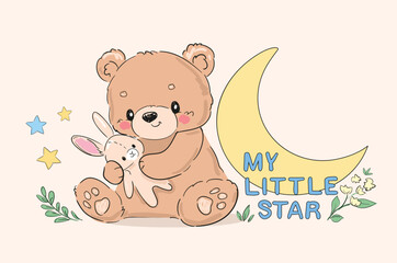 cute teddy bear with bunny toy hand drawn vector illustration Kids trend print 