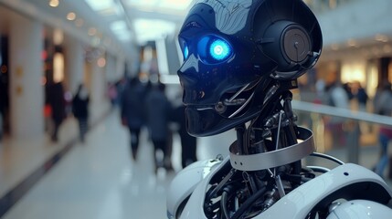 Fototapeta premium A futuristic robot with glowing blue eyes stands in a bustling mall, its sleek design contrasting with the blurred human figures around.