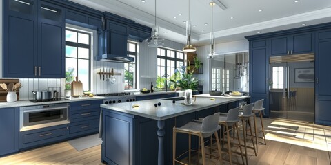 Elegant Blue Kitchen With Marble Countertops And Pendant Lighting