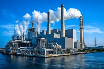 Obraz premium Close up of power plant with smokestacks emitting