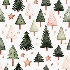 Obraz premium Watercolor Scandinavian Christmas elements, simple trees and stars, seamless pattern, neutral tones, soft texture, deep depth of field. Christmas tile 