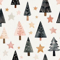 Watercolor Scandinavian Christmas elements, simple trees and stars, seamless pattern, neutral tones, soft texture, deep depth of field. Christmas tile 