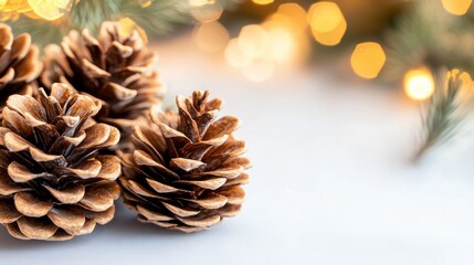 Fototapeta premium Pinecones with festive lights winter holiday theme cozy atmosphere blurred background bokeh effect