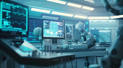 A robot diligently reviews medical data on a screen in a sleek, modern laboratory setting, characterized by an array of digital equipment.